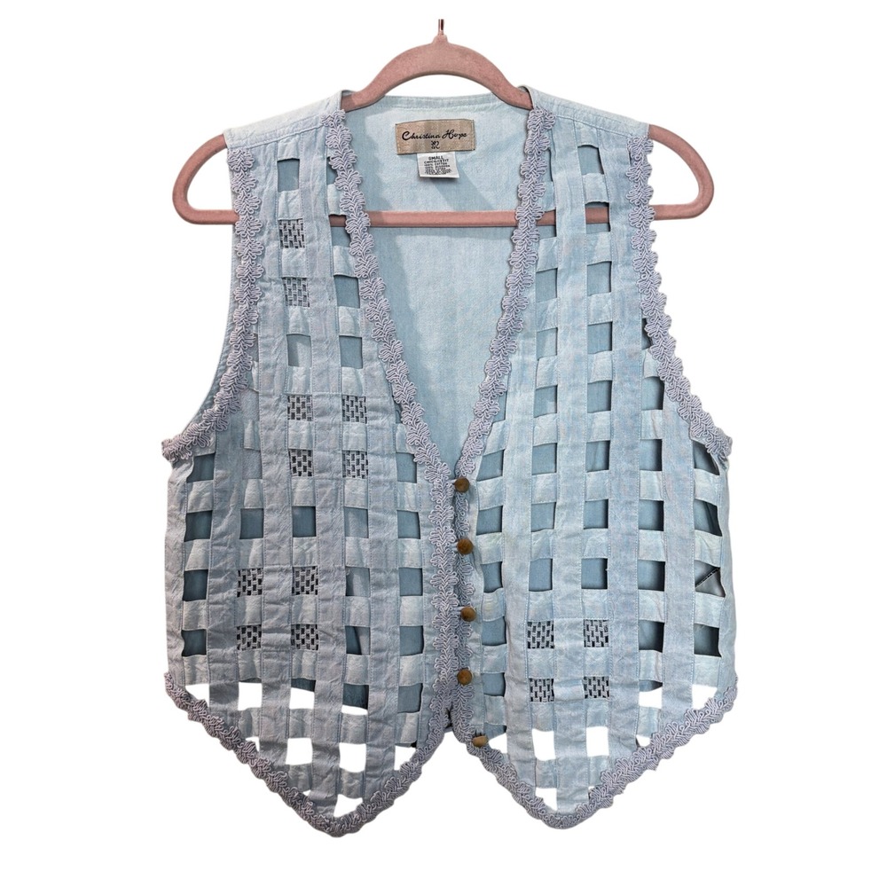 Vintage 90s Christina Hope Light Wash Denim Woven Cutout‎ Vest Small Bohemian